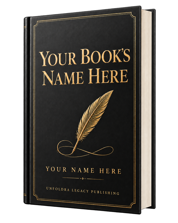 A black and gold 3D book concept reading Your Book’s Name Here and Your Name Here — explore publishing with Unfoldra Legacy Publishing